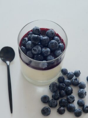 Przepis na zdrowy deser panna cotta jogurtowa z borówkami i sosem z czarnej porzeczki